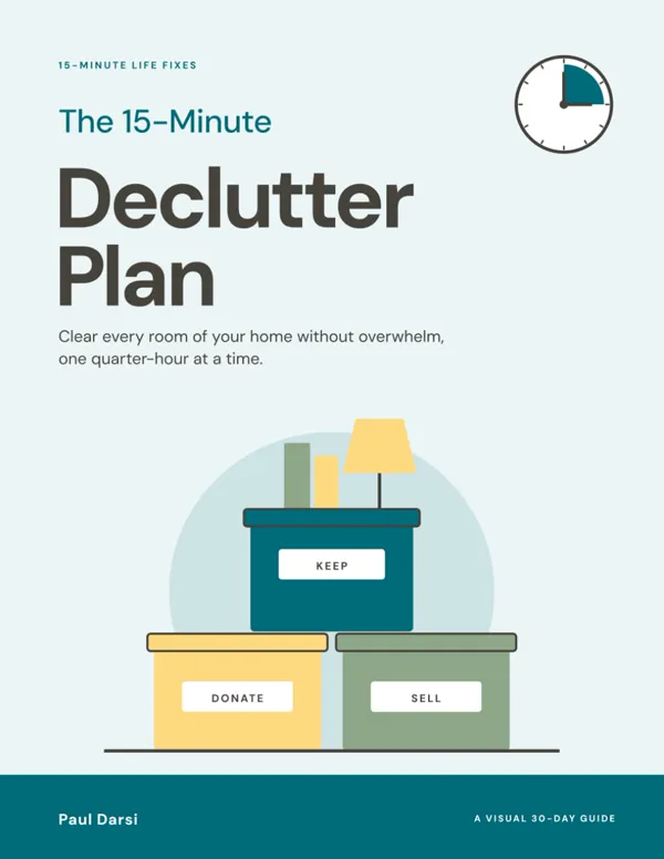 The 15-Minute Declutter Plan: the cover, with three labelled boxes, keep, donate and sell.