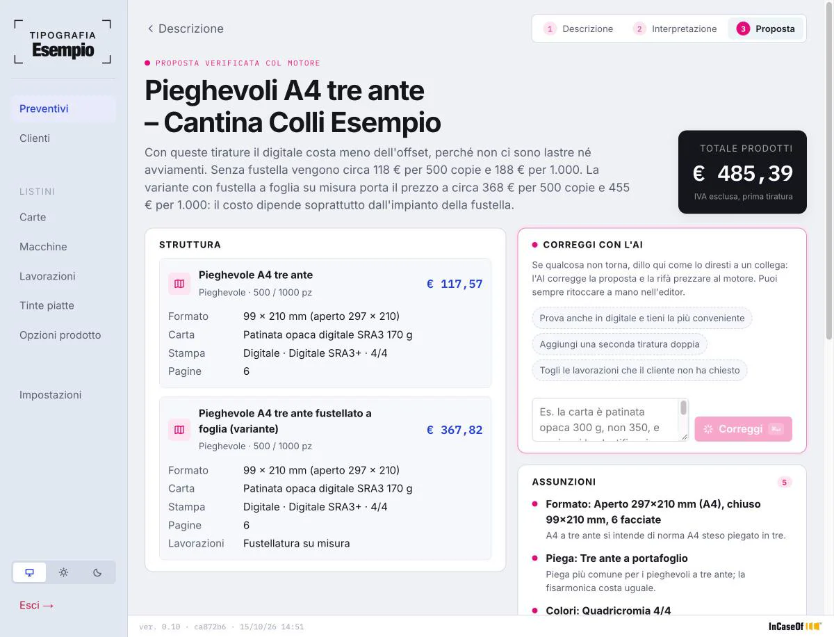 Preventivi on a computer: a quote for tri-fold leaflets built from a client's email, with the total, the structure of each product and the AI's assumptions.