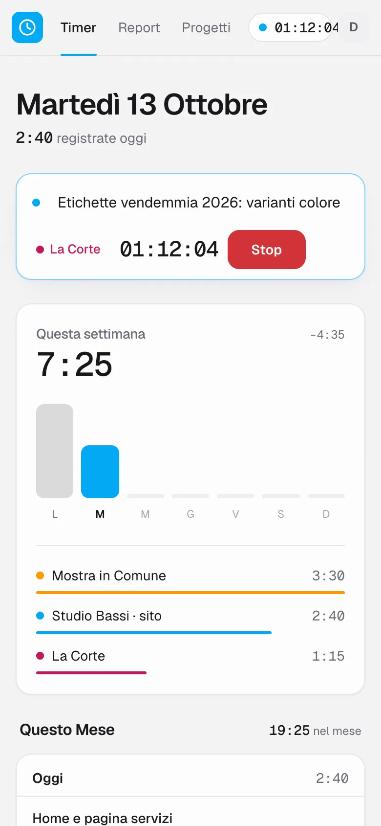 TimeTrack on a phone: a running timer on a wine label project, this week's hours by day and the time spent on each project.